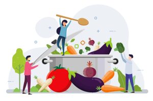 Illustrated image that shows three people adding vegetable ingredients to a giant cooking pot. 