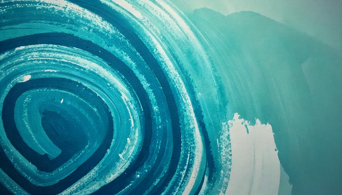 Image of a painted spiral and abstract shapes in blues and grees. Co-created by Jess Brassard and Adobe Firefly